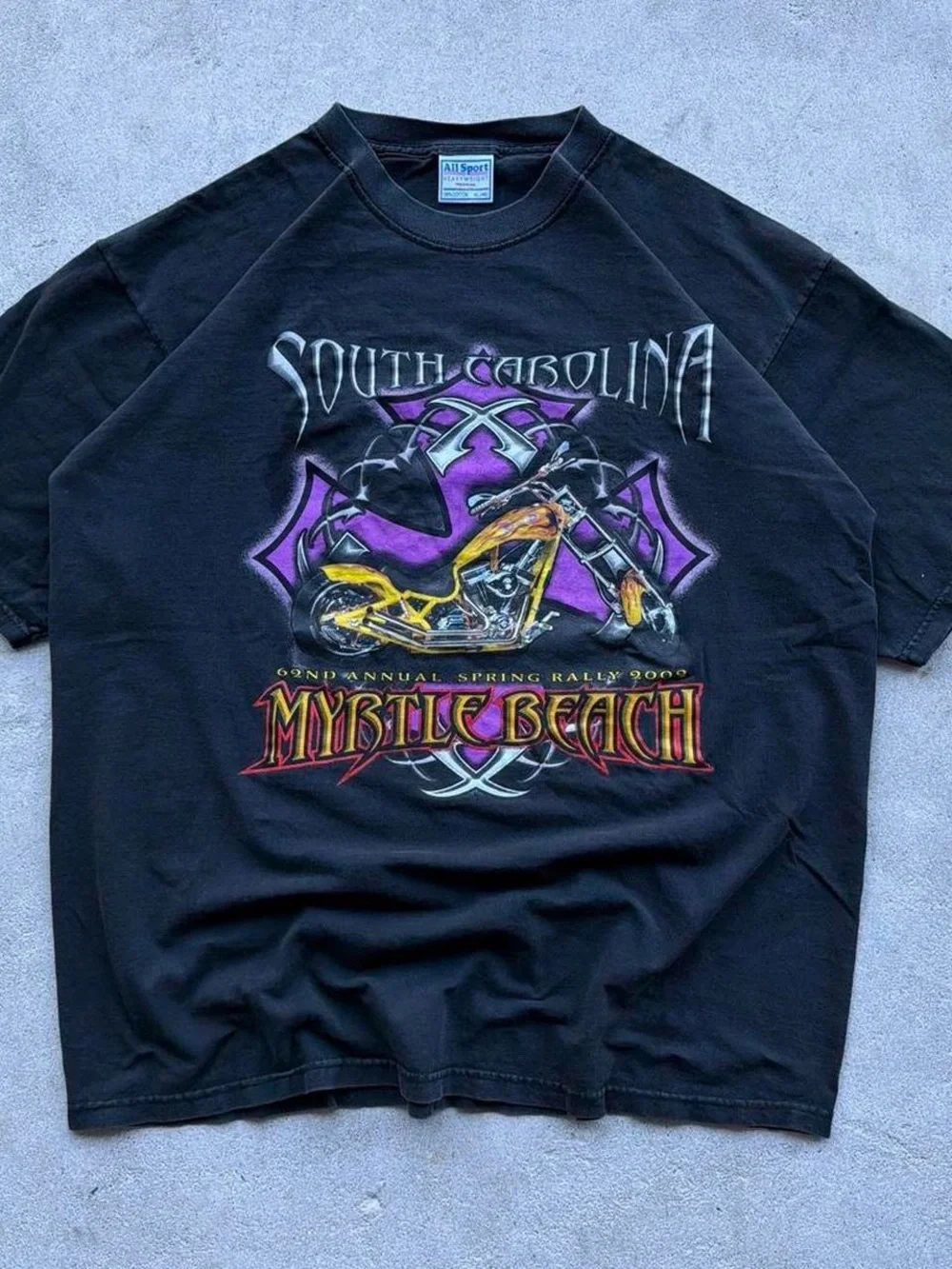 Vintage Y2k 2000s Faded Myrtle Beach Spring Rally Biker Flames Cross Chopper Tee
